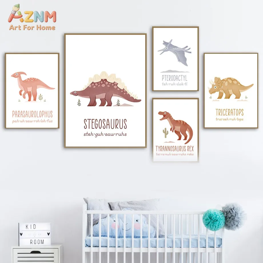 Kids No Education - AZNM Sevimli Suluboya Dinozor Kanvas Duvar